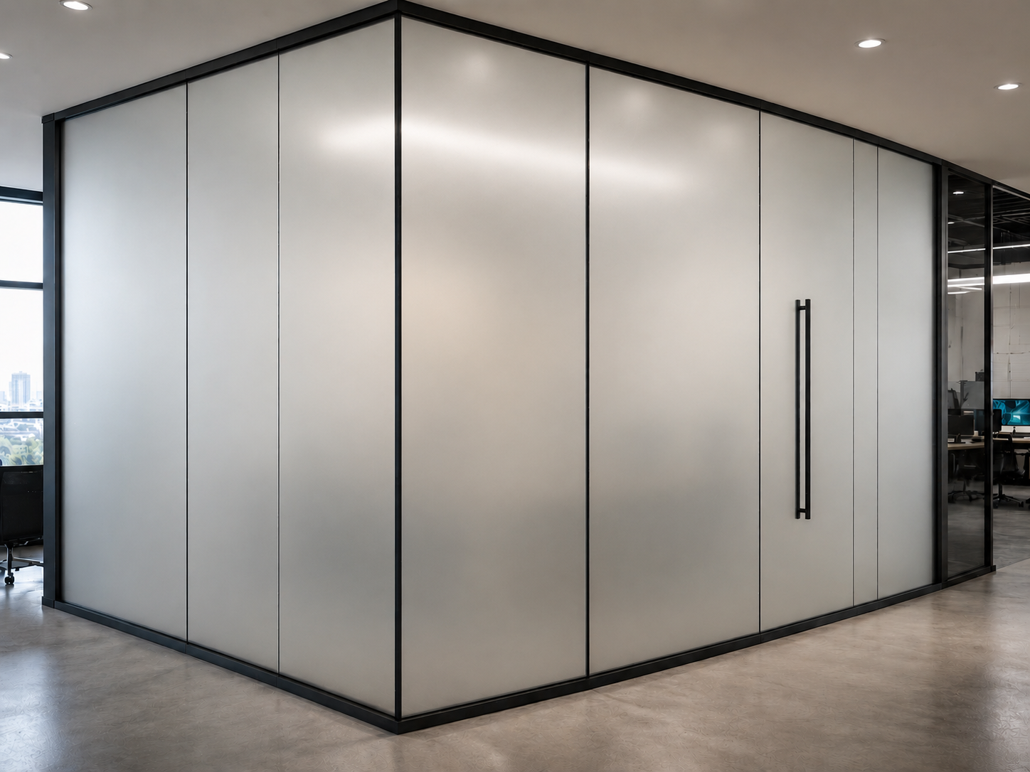 Smart glass in frosted state — cabin obscured for privacy